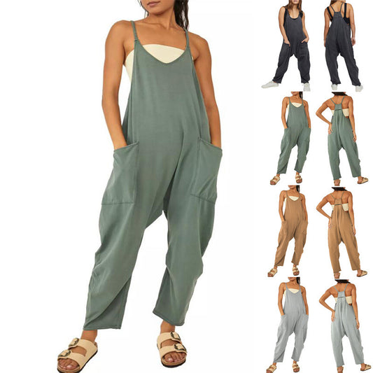 Women's Spaghetti Strap Loose Jumpsuit – Wide Leg Pockets & Zipper S–4XL