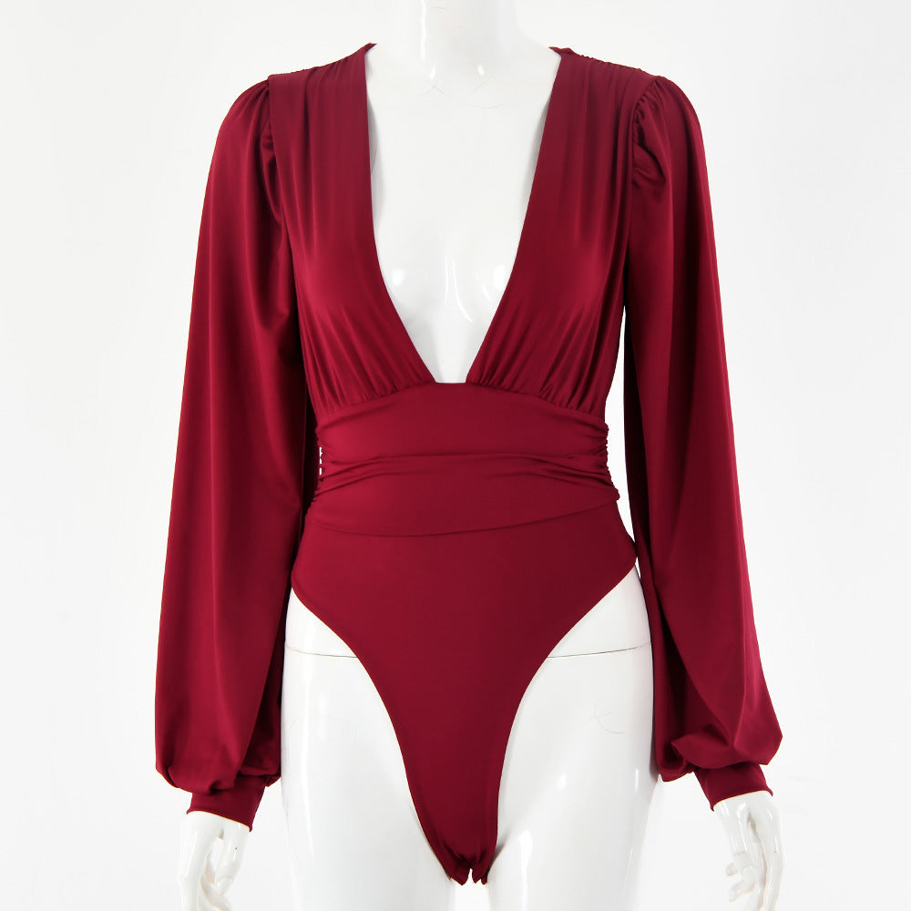 Women's Deep V Long Sleeve Pleated Bodysuit – Body-Shaping Milk Silk