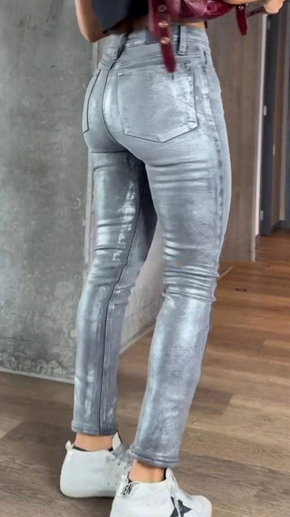 Women's Gold & Silver Foil Print Stretch Skinny Jeans – Slim Fit