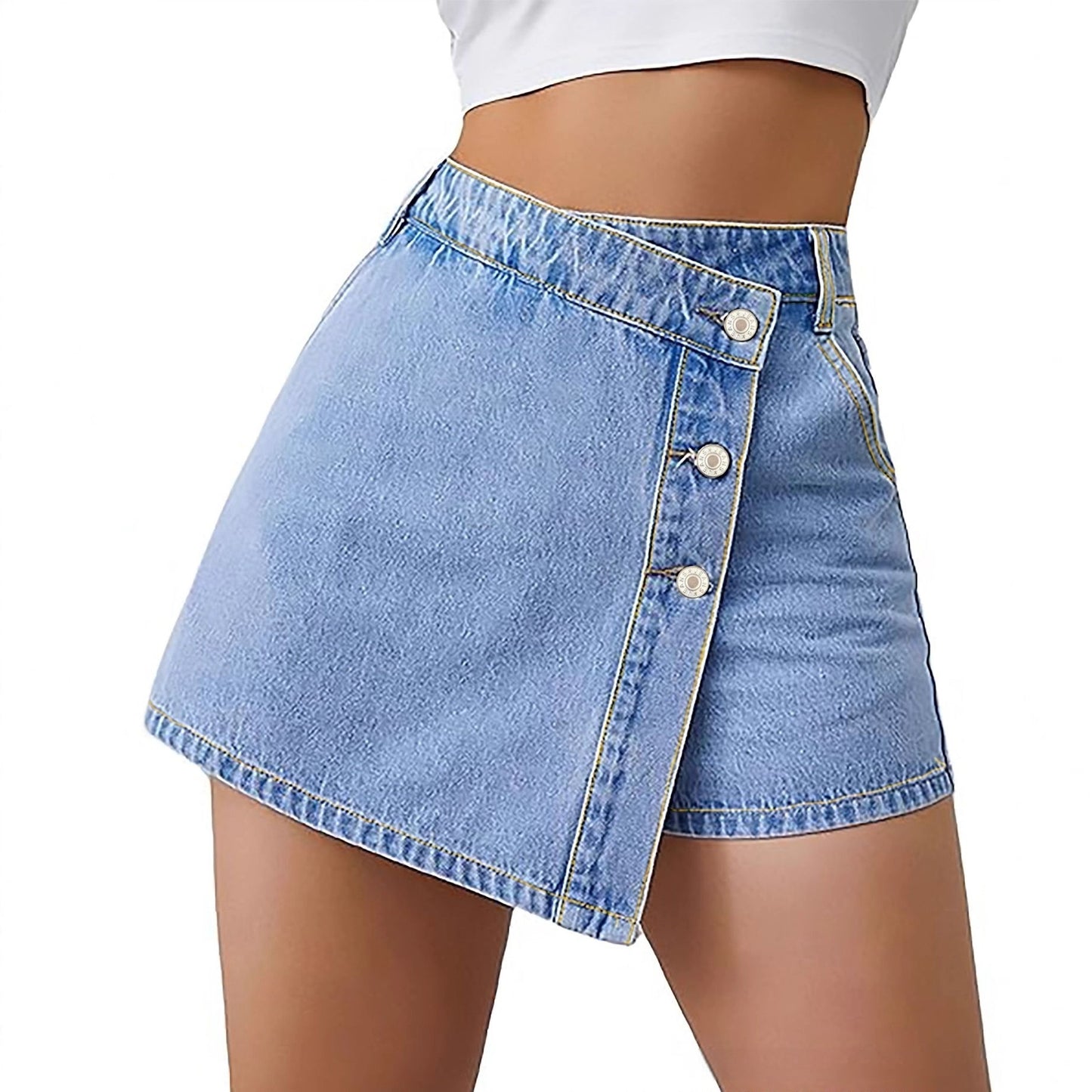 Women's Plus Size High-Waist Denim-Inspired Irregular Hem Shorts – Light Blue XL–4XL