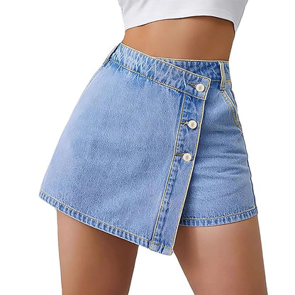 Women's Plus Size High-Waist Denim-Inspired Irregular Hem Shorts – Light Blue XL–4XL