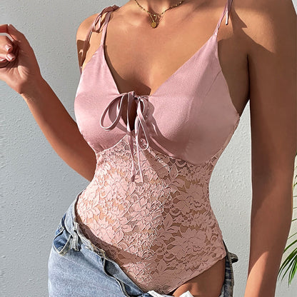 Women's Lace Halter Open-Back Bodysuit – Solid Pink Skinny Fit S–XL