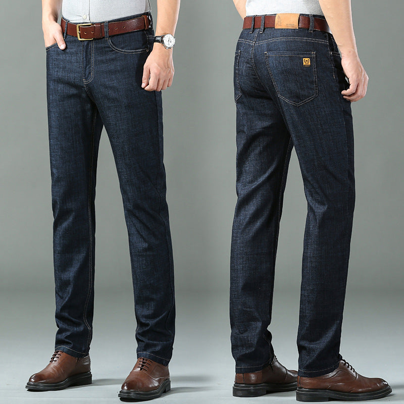 Men's Ice Silk Cotton High-Waist Straight Leg Jeans – Breathable Stretch Denim 28–40