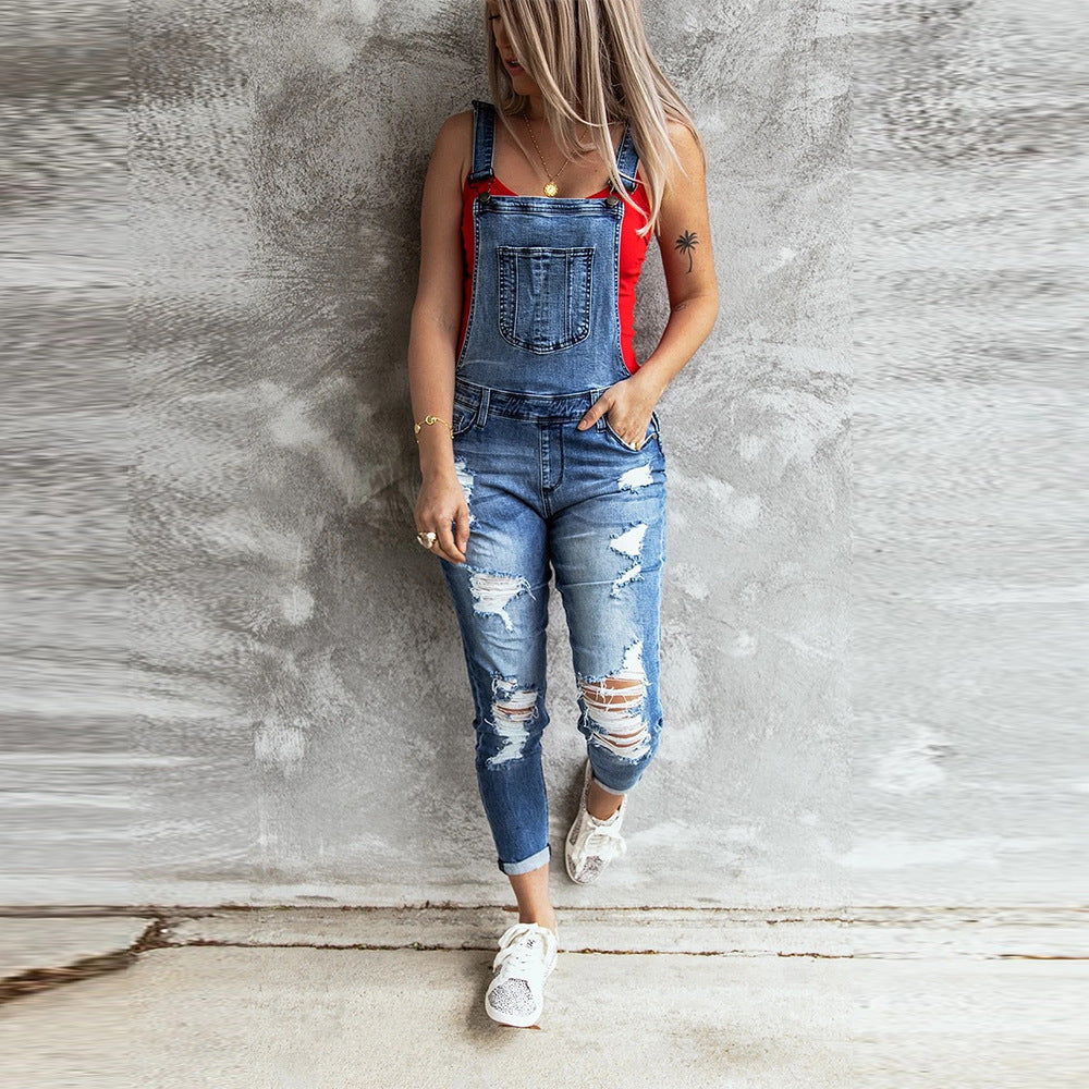 Women's High-Waist Ripped Denim Overalls