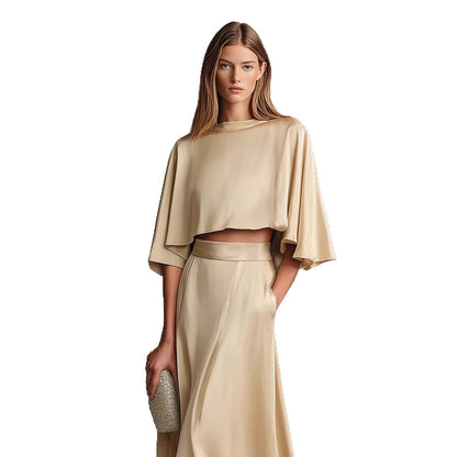 Women's Satin Patchwork Two-Piece Set – Three-Quarter Sleeve Top & Skirt