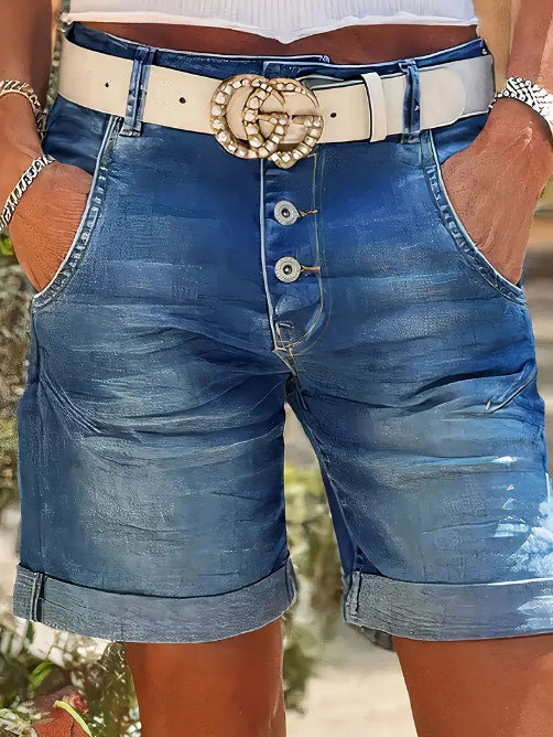 Women's Mid-Waist Cropped Denim Pants – Rolled Hem Button Detail S–XXL