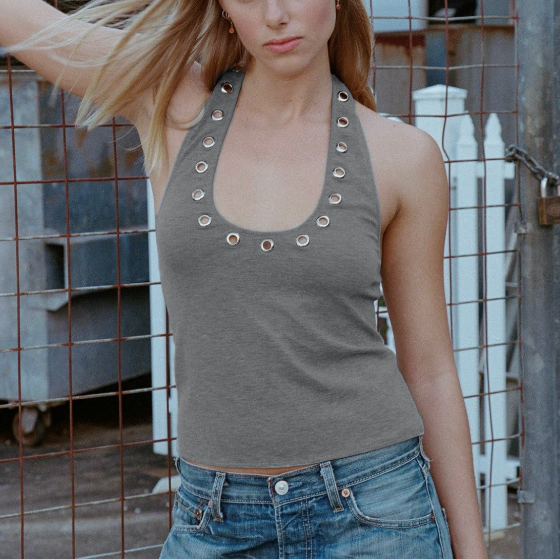 Women's Metal Accent Halter Spaghetti Strap Vest – Slim Fit Street Style