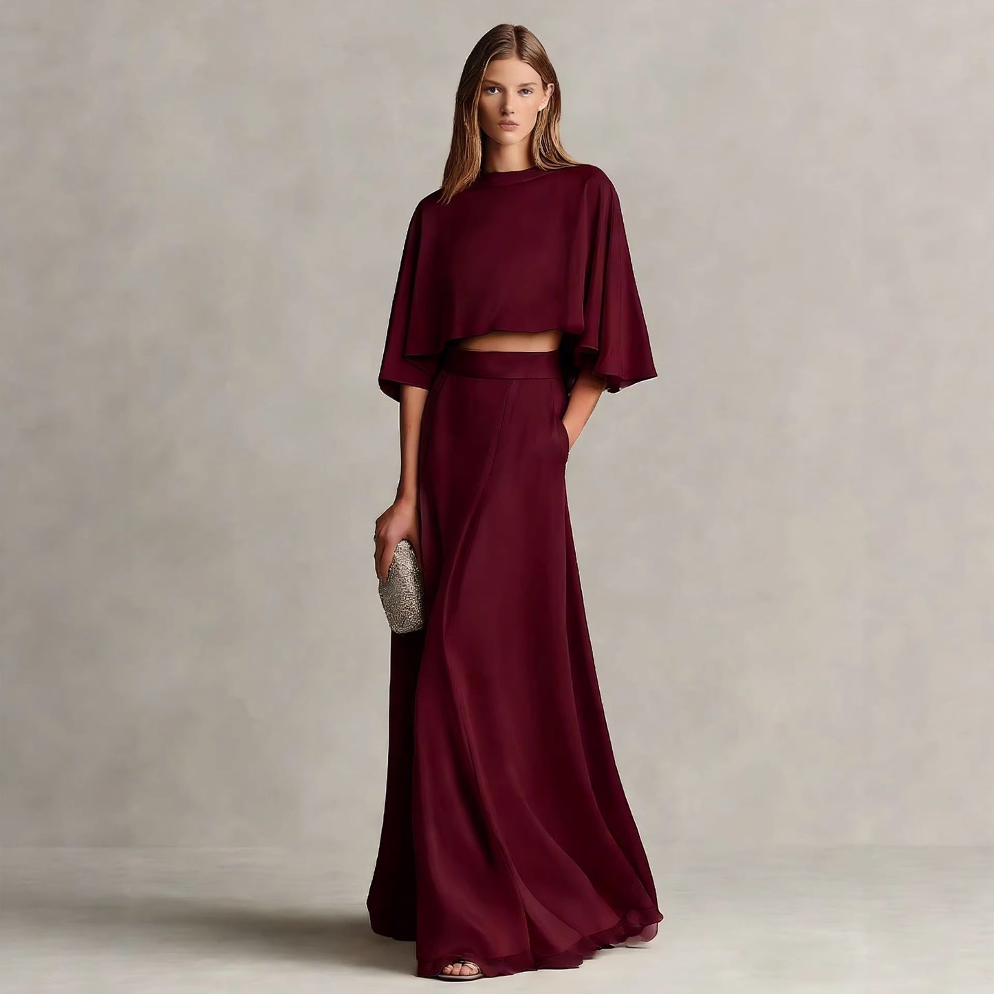 Women's Satin Patchwork Two-Piece Set – Three-Quarter Sleeve Top & Skirt