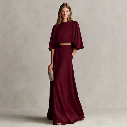 Women's Satin Patchwork Two-Piece Set – Three-Quarter Sleeve Top & Skirt