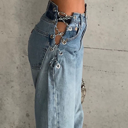 Women's High-Waist Washed Jeans – Light Blue Streetwear Denim with Chain Detail S-L