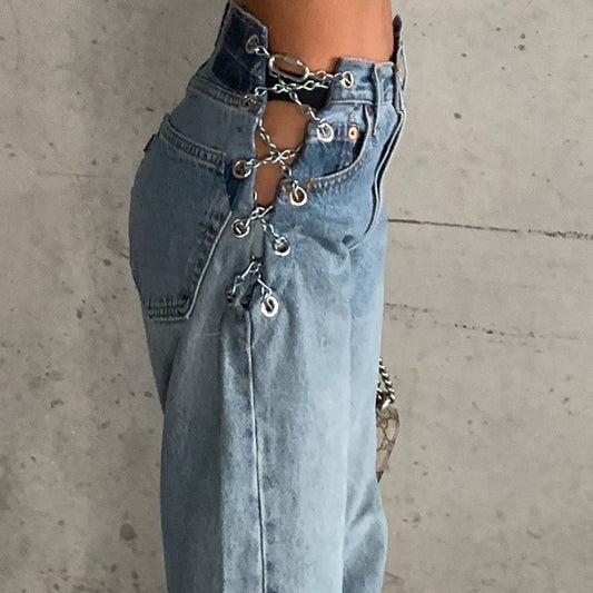Women's High-Waist Washed Jeans – Light Blue Streetwear Denim with Chain Detail S-L