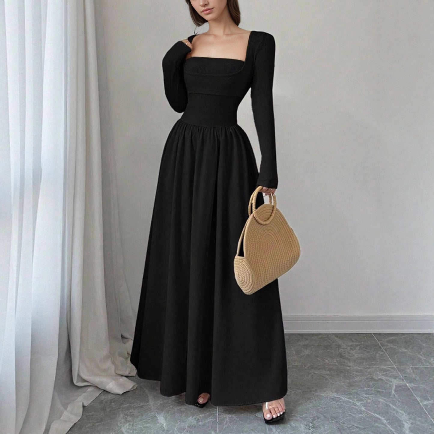 Women's Mock Two-Piece Square Neck Long Sleeve Dress – Jacquard Patchwork Maxi