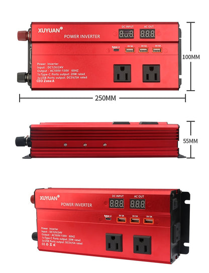 1200W Car Power Inverter – 12V/24V to 110V AC, LED Display, Air-Cooled (Black & Red)