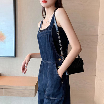 Women's High-Waist Dark Denim Overalls with Black Vest – Dark Blue S–2XL