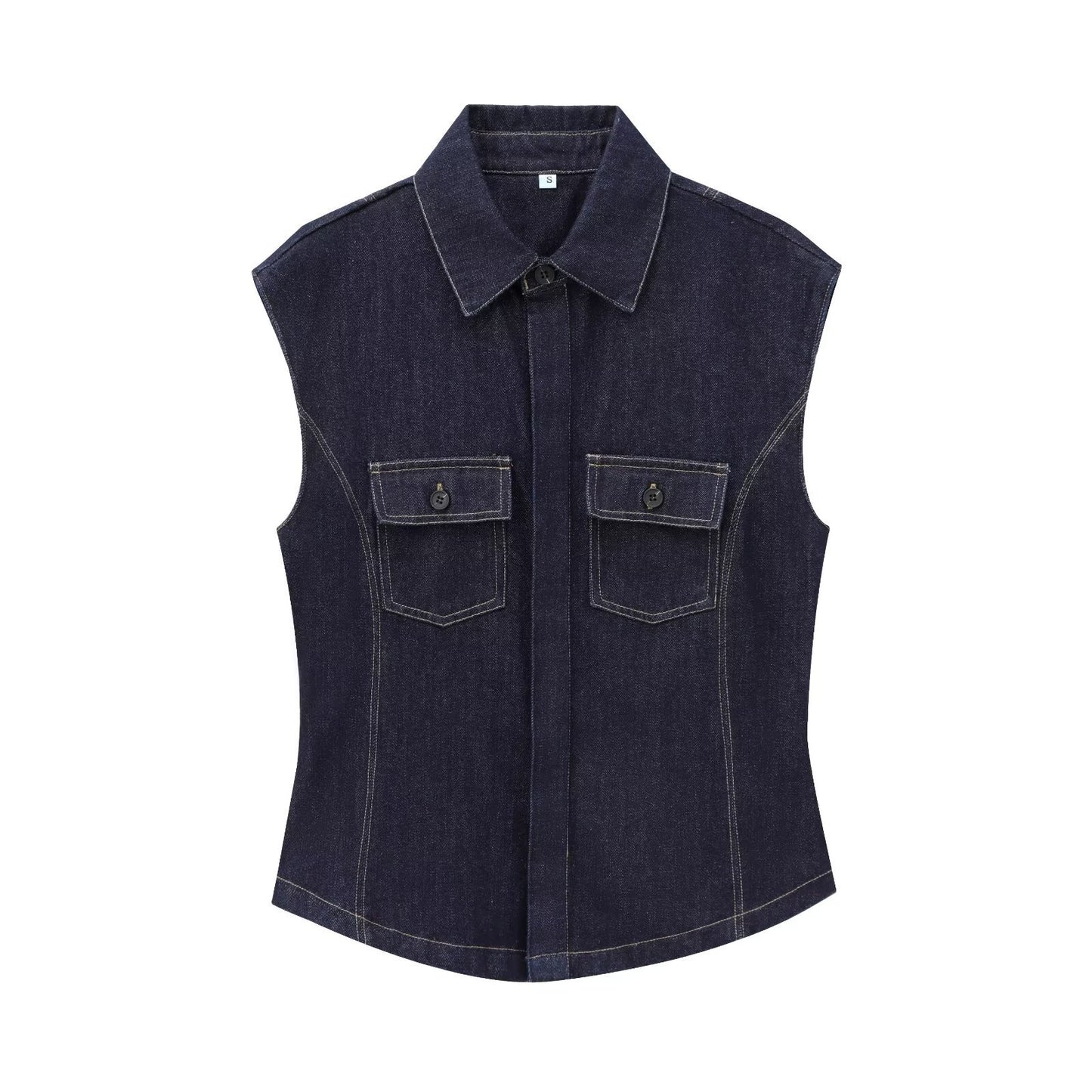 Women's Sleeveless Denim Lapel Shirt – String Detail Street Style