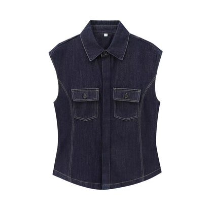 Women's Sleeveless Denim Lapel Shirt – String Detail Street Style
