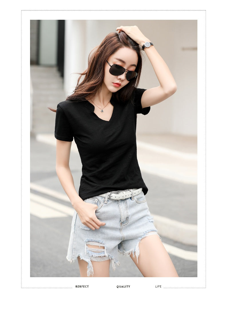 Women's Loose V-Neck Slub Cotton T-Shirt – Casual Summer Tee in 4 Colors (S-3XL)