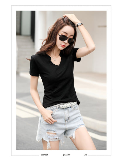 Women's Loose V-Neck Slub Cotton T-Shirt – Casual Summer Tee in 4 Colors (S-3XL)