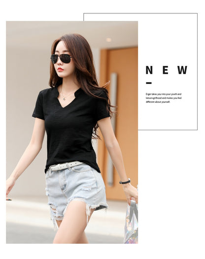 Women's Loose V-Neck Slub Cotton T-Shirt – Casual Summer Tee in 4 Colors (S-3XL)