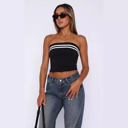 Women's Contrast Color Striped Tube Top – Slim Fit Knit Street Style (Black & Red, S-XL)