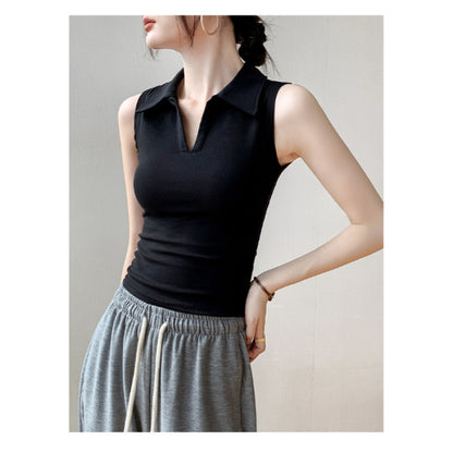 Women's Sleeveless Lapel Slim Fit Cotton Blouse