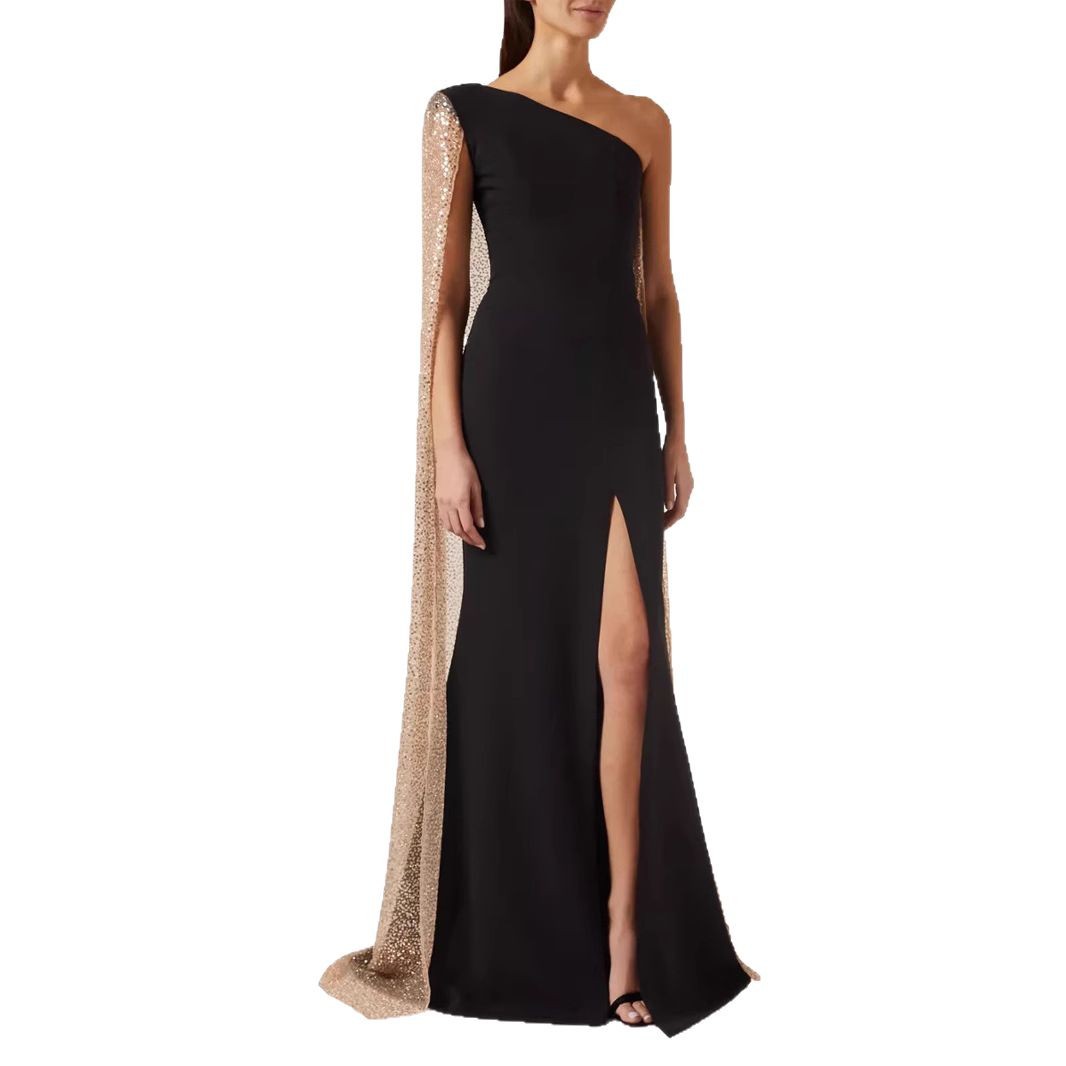 Women's One-Shoulder Cloak Slit Black Maxi Dress – Long Sleeve Party Dress