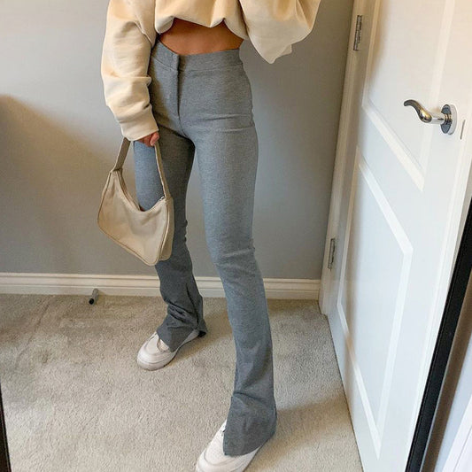 Women's High-Waist Skinny Straight Casual Pants with Split