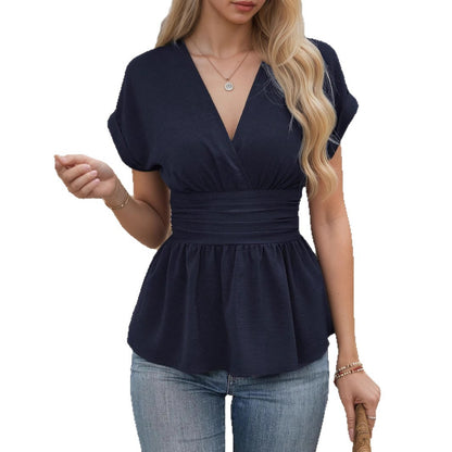Women's V-Neck Pleated High-Waist Fitted Shirt Top