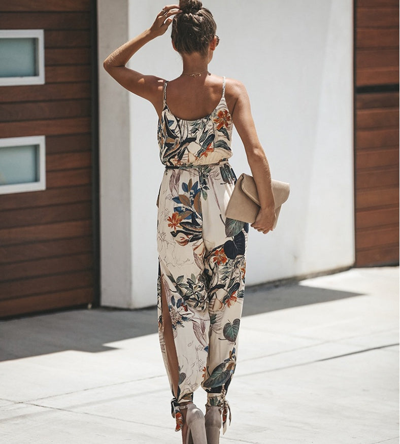 Women's Printed Backless V-Neck Sling Jumpsuit with Pockets – Street Style S–3XL