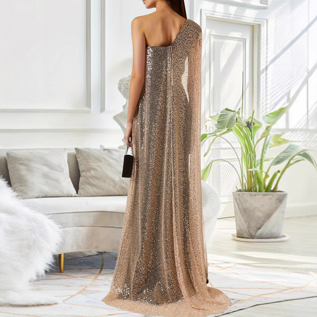 Women's One-Shoulder Cloak Slit Black Maxi Dress – Long Sleeve Party Dress