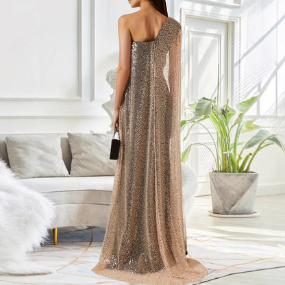 Women's One-Shoulder Cloak Slit Black Maxi Dress – Long Sleeve Party Dress