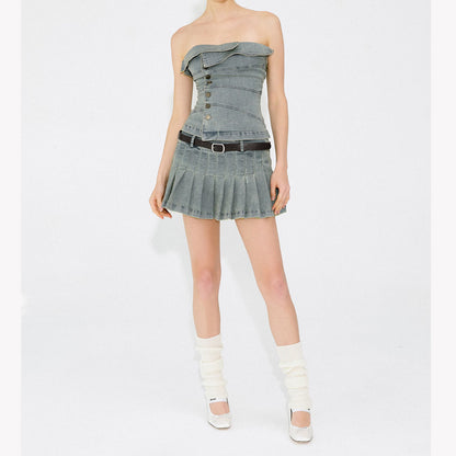 Women's Retro Denim Top & Mini Skirt Two-Piece Set – Art Retro Style S–M