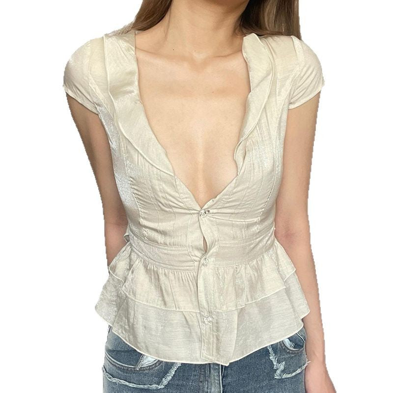 Women's Cinched Button-Up Short Sleeve Top – Retro Girly Style