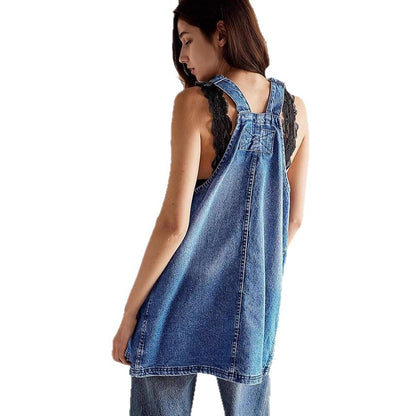 Adjustable Mini Denim Dress With Bib Pockets