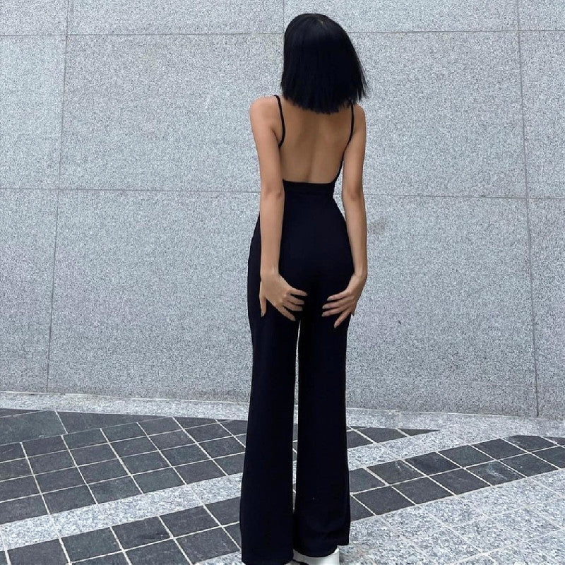 Women's Backless Slim-Fit Jumpsuit – Solid Black American Style S–L