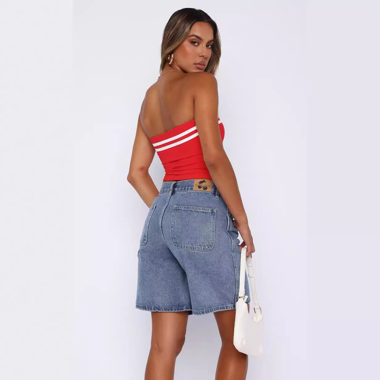 Women's Contrast Color Striped Tube Top – Slim Fit Knit Street Style (Black & Red, S-XL)