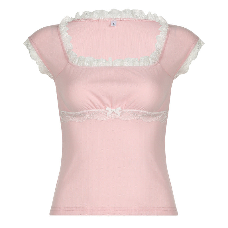 Women's Lace Stitch Square Neck Short Sleeve Top – Bow Detail