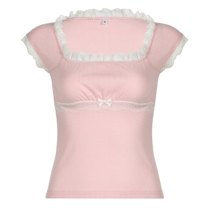 Women's Lace Stitch Square Neck Short Sleeve Top – Bow Detail