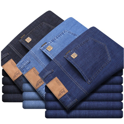 Men's Ice Silk Cotton High-Waist Straight Leg Jeans – Breathable Stretch Denim 28–40