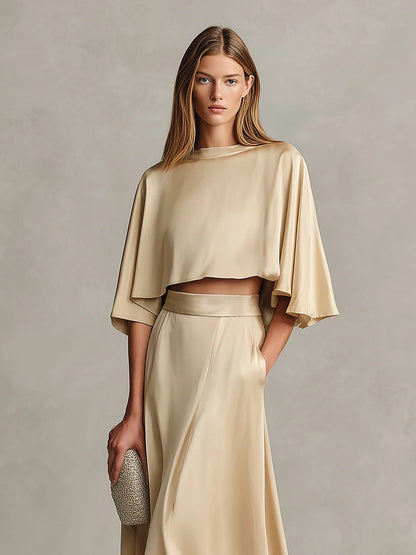 Women's Satin Patchwork Two-Piece Set – Three-Quarter Sleeve Top & Skirt