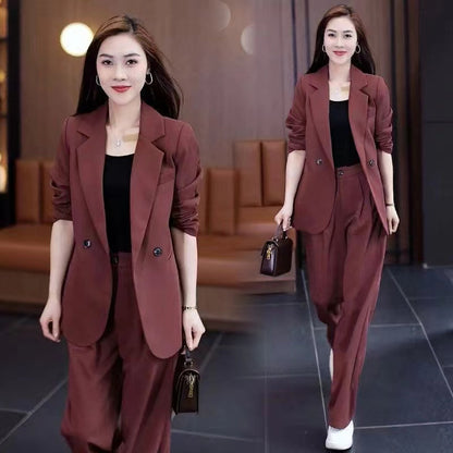 Women's Plus Size Casual Blazer & Wide-Leg Pants Two-Piece Set – Loose Slimming Fit