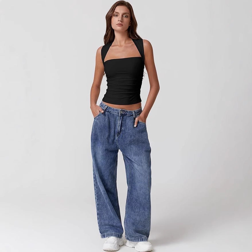 Women's Off-Shoulder Square Neck Crop Top – Sleeveless Slim Fit