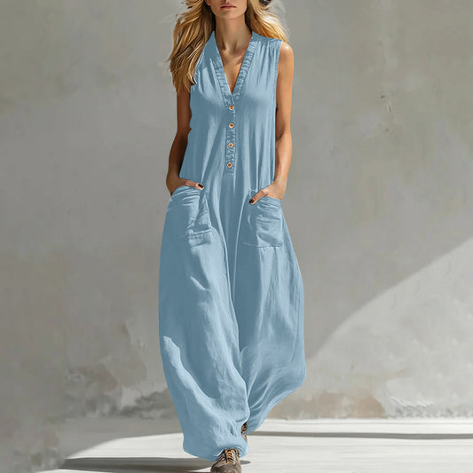 Women's Sleeveless Linen-Look Jumpsuit – Casual Strap Style with Two Pockets