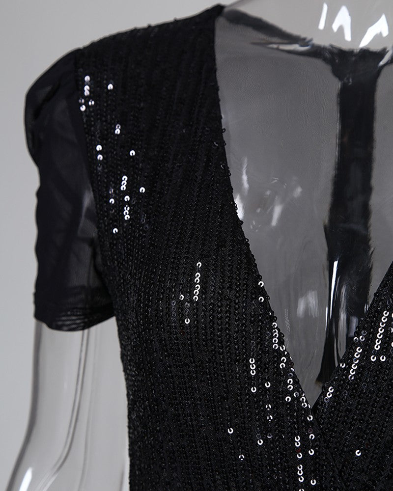 Women's Deep V Sequined Jumpsuit – Full Length Glam Black