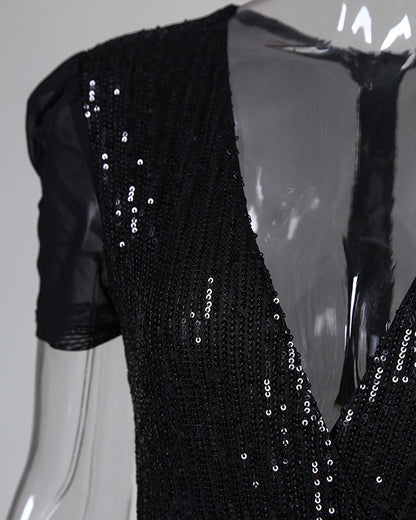 Women's Deep V Sequined Jumpsuit – Full Length Glam Black