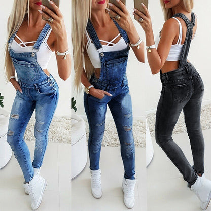 Women's Distressed Denim Overalls – Mid-Waist Slim Fit Full Length