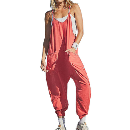 Women's Spaghetti Strap Loose Jumpsuit – Wide Leg Pockets & Zipper S–4XL