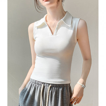 Women's Sleeveless Lapel Slim Fit Cotton Blouse