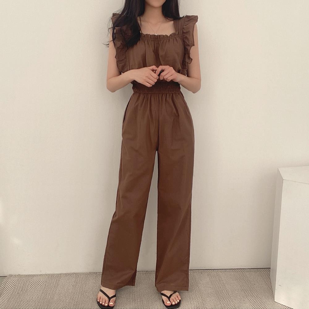 Women's French Retro Square Collar Ruffle Sleeve High Waist Wide Leg Jumpsuit – Black Brown Beige S–XL