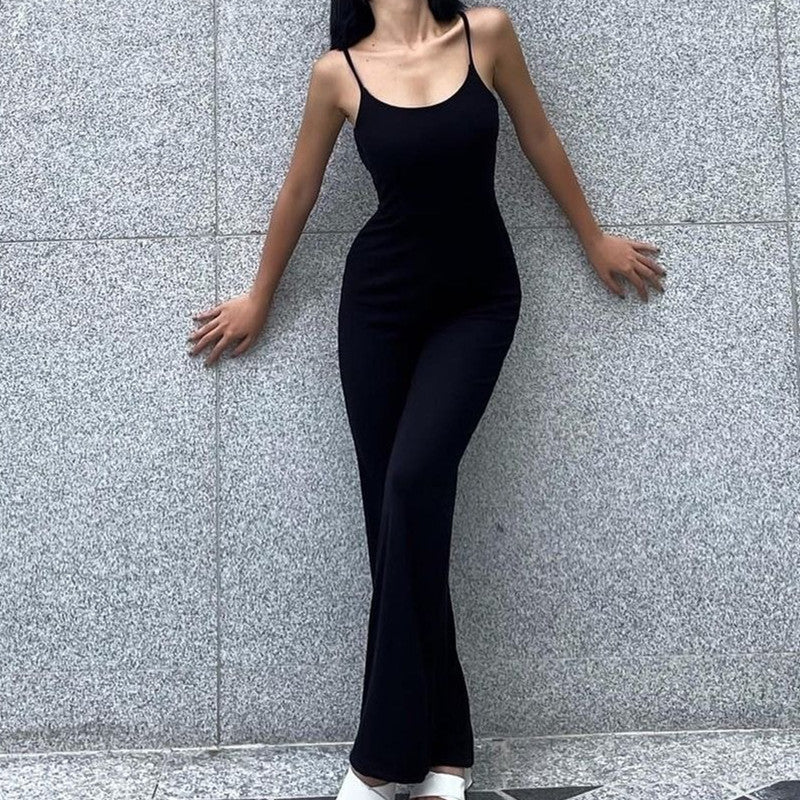 Women's Backless Slim-Fit Jumpsuit – Solid Black American Style S–L